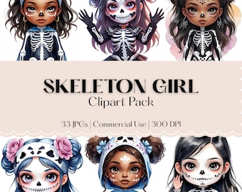 Chibi Skelett Mädchen Clipart: 33 Halloween Aquarell Illustrationen (kommerzielle Nutzung, Sofort-Download)
