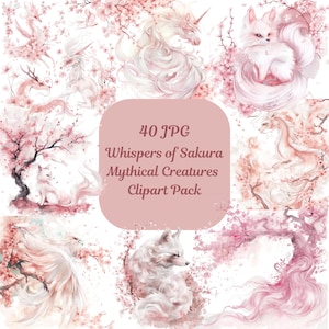 Pack de 40 cliparts créatures mythiques Sakura blanc rose fleurs de cerisier aquarelle pastel haute résolution JPG mariage douche nuptiale Art mural fantaisie