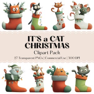 Peut inclure: Une collection de cliparts sur le thème de Noël mettant en scène des chats de dessins animés dans des bas. Les bas sont de différentes couleurs, dont le rouge, le vert et le blanc, et sont décorés d'éléments festifs. Le texte "IT'S a CAT CHRISTMAS Clipart Pack" est affiché.