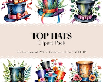 Clipart aquarel cilinderhoeden: vintage bloemen-png's (digitale download, commercieel gebruik)
