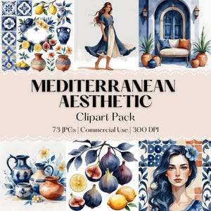 Coleção de Clipart com Estética Mediterrânea - 73 Ilustrações em Aquarela JPG em Azul, Amarelo e Terracota - Uso Comercial