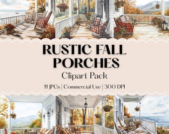Imágenes prediseñadas de porche rústico: vistas panorámicas otoñales (descarga digital JPG, uso comercial)