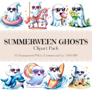 Summerween Ghosts Clipart - Cute Summer Ghouls - Tropical Halloween Ghosts - Kawaii Beach Summer - Digital Download - Instant - Printable