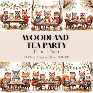 May include: Watercolor illustration of a woodland tea party with various forest animals. The image features foxes, owls, squirrels, and hedgehogs gathered around a wooden table. The text "WOODLAND TEA PARTY Clipart Pack" is displayed.