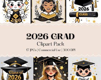 Clipart-paket för examen 2026 - Eleganta svarta och guldfärgade akvarell-JPG-illustrationer - Kommersiellt bruk