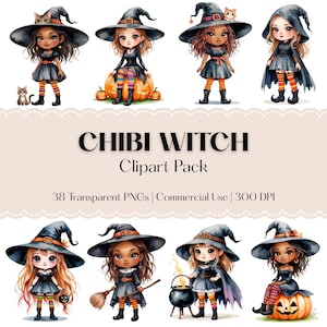 Clipart de bruja chibi: PNGs de acuarela de Halloween espeluznantes (descarga digital, uso comercial, imprimible)