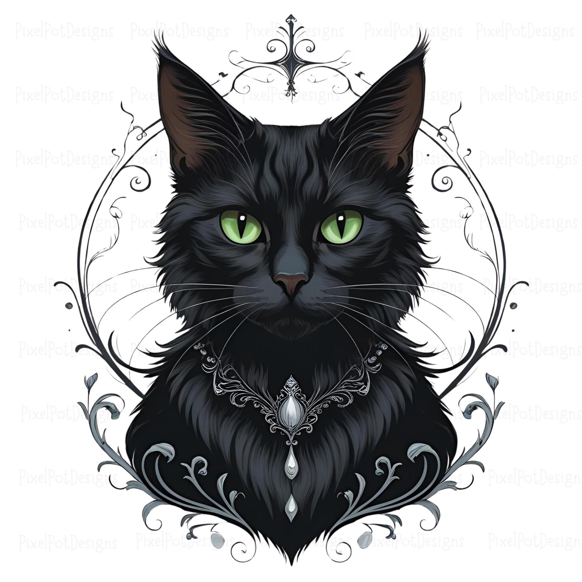 Mysterious Gothic Black Cat Clipart - Victorian Halloween Decor
