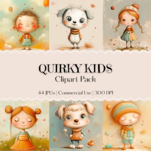 Quirky Kids Clipart - Whimsical Watercolor Images - Kids Illustrations - Quirky Wall Art - Junk Journals, Scrapbook, Planner Stickers & More