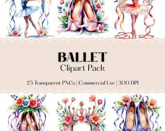 Clipart di balletto ad acquerello: ballerine, scarpe, corone (download digitale PNG)