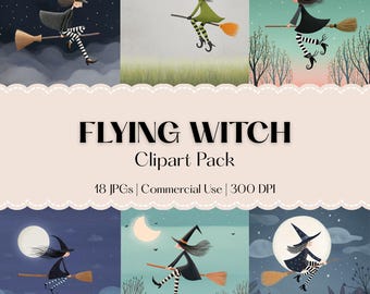 Vliegende heks clipartset - 18 jpg-aquarelafbeeldingen voor het spookachtige seizoen - commercieel gebruik - directe digitale download