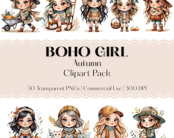 Autumn Boho Girl Clipart - Charming Watercolor PNGs - Kawaii Chibi Characters - Cozy Pumpkin Spice Vibes - Commercial Use