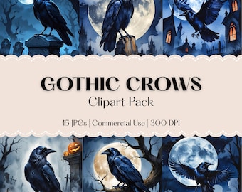Clipart de acuarela de cuervos góticos: 15 ilustraciones JPG, uso comercial, imprimibles, descarga instantánea