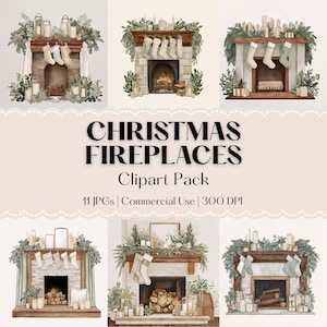 Puede incluir: Ilustraciones en acuarela de chimeneas navideñas. Cada chimenea está decorada con calcetines, velas y vegetación. Se muestra el texto "CHRISTMAS FIREPLACES Clipart Pack".