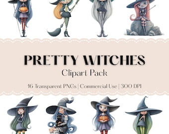 Pretty Witches Clipart Collection: Soft Watercolor PNGs - Commercial Use - Digital Download