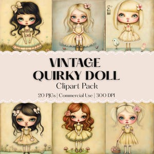 Vintage Quirky Doll Clipart - Whimsical Antique Baby Doll - Cute Girl Dolls - Watercolor Yellow - Tea Party Birthday Decor - Junk Journal
