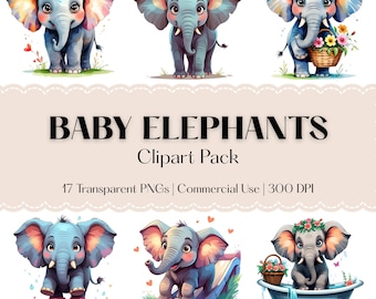 Baby Elephant Clipart - Watercolor PNG for Baby Showers & Nursery Decor - Commercial Use - Instant Download