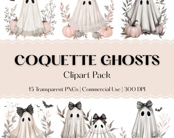 Coquette Lace Ghost Clipart Pack: Whimsical Watercolor PNGs (Instant Download - Commercial Use)