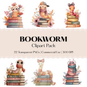 Puede incluir: Un paquete de imágenes prediseñadas digitales con seis ilustraciones en acuarela de ratones de biblioteca con gafas, bufandas y sombreros, sentados sobre montones de libros. El texto "BOOKWORM Clipart Pack" se muestra debajo.