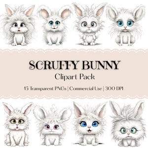 Scruffy Bunny Clipart - Fluffy Rabbit Image - Quirky Bunny - Cute Nursery Art - Baby Shower Animal - Baby Bunny Clipart - Cute Watercolor