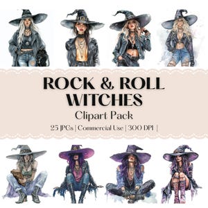 Rock & Roll Witches Clipart - Boss Girl Halloween - Artsy Wiccan Fantasy - Girl's Night Out - Bachelorette - Costume Party - Cool Wall Art