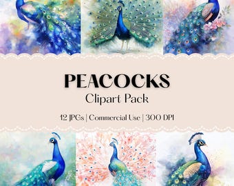 Watercolor Peacock Clipart: Bird Illustrations for POD & Wall Art (JPGs, Digital Download