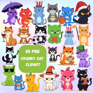45 Cranky Cat Clipart Bundle Fun Quirky Colorful High Res PNG Junk Journal Scrapbook Craft Back to School Tshirt Bachelor/Bachelorette Party