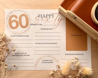60. Geburtstag, Sechzig, Gästewunschkarte, Wunschkarte Gäste, Geburtstag, Polariod, Wünsche, Erinnerung, Canva-PDF Vorlage, zum Ausfüllen