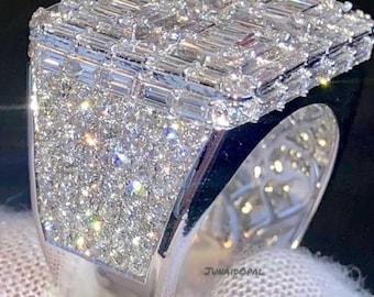 Anillo de moissanita con incrustaciones de diamantes: Joyería llamativa de estilo hip hop con corte baguette en plata de ley 925