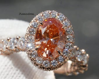 Anillo de compromiso ovalado con halo de circonita naranja, oro rosa y plata de ley, anillo de promesa vintage con moissanita.