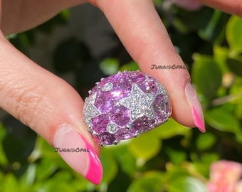 Anillo de cúpula con estrella de amatista púrpura, anillo de cóctel llamativo de plata de ley 925