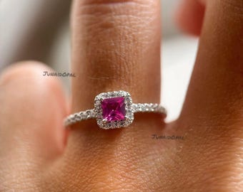 Anillo con halo de rubí rosa talla princesa, plata de ley 925, piedra de nacimiento de julio, promesa de diamante CZ