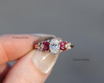 Sterling Silver Oval Moissanite Ring, Ruby Red Pear-Cut Gems, Floral Vintage Design