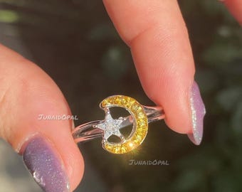 Anillo de plata de ley con luna y estrella, anillo de promesa celestial con circonita amarilla.