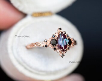Handmade Sterling Silver Purple Marquise Ring, Rose Gold Plated Gothic Engagement Ring