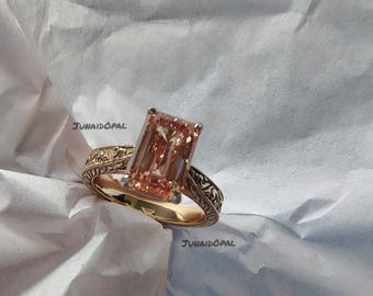 Anillo de oro amarillo de 9 quilates con morganita color melocotón talla esmeralda, diseño floral vintage, anillo de compromiso.