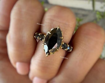 Anillo de compromiso con espinela negra talla marquesa, anillo de promesa de plata de ley estilo vintage