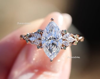Sterling Silver Marquise Moissanite Engagement Ring, Floral Vintage Design