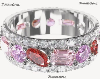Anillo de eternidad de plata de ley 925, circonita rosa y roja, detalles de moissanita, piedras preciosas de diversas formas.