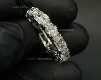 Anillo de eternidad de moissanita en plata de ley 925, banda con talla ovalada de esmeralda, regalo de aniversario de bodas.