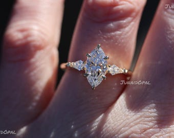 Marquise Moissanite Engagement Ring, Sterling Silver Rose Gold Floral Design