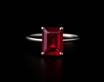 Bague rubis taille émeraude : argent sterling 925, pierre de naissance de juillet