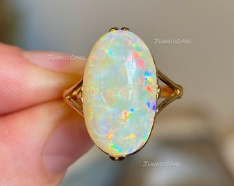 Anillo ovalado de ópalo blanco natural, plata de ley 925, anillo llamativo con la piedra de nacimiento de octubre.