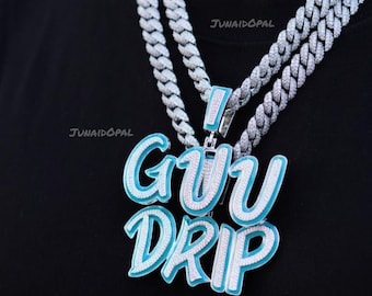 Custom GURU DRIP Pendant, 925 Sterling Silver Moissanite, Blue Enamel Hip Hop Jewelry