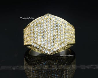 Anillo de sello hexagonal para hombre con moissanita incrustada, plata de ley 925.