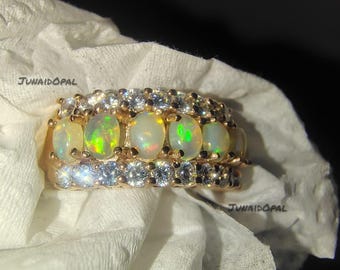 Anillo de ópalo etíope natural, banda de plata de ley, circonita cúbica ovalada brillante, piedra de nacimiento de octubre
