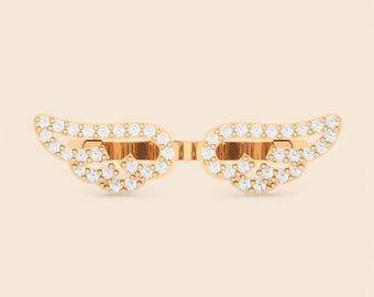 Gold Plated Sterling Silver CZ Angel Wing Ring | Adjustable