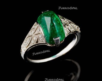 Art Deco Lab Emerald Ring | 925 Sterling Silver Engraved Band