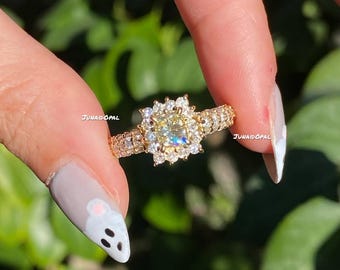 Anillo de compromiso con halo de moissanita talla princesa en plata de ley 925, anillo nupcial chapado en oro.