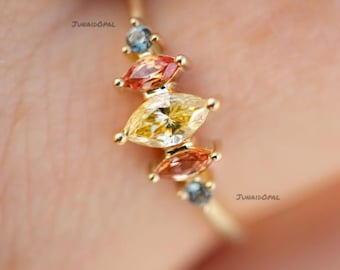 Anillo de circonita amarilla talla marquesa, plata de ley chapada en oro, anillo apilable con piedras preciosas de colores.