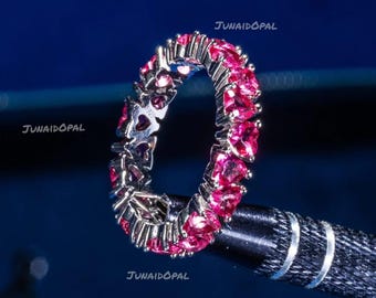 Anillo de plata de ley 925 con circonita rosa y diseño de eternidad completa, estilo hip hop.